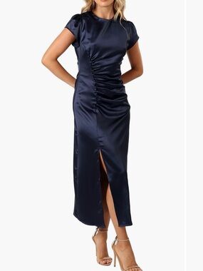 Petal & Pup Navy Satin Ruched Midi Dress with Front Slit